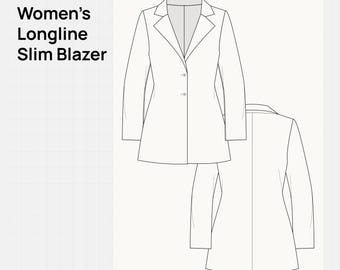 Women’s Longline Slim Blazer Flat Sketch | Tailored Blazer Tech Drawing | Editable Vector