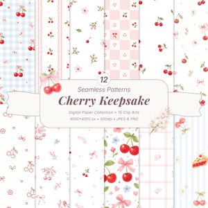 May include: A collection of 12 seamless patterns with a cherry theme. The patterns include cherries, bows, and floral elements in shades of red, pink, and blue. The text "Cherry Keepsake" is displayed on a white banner.