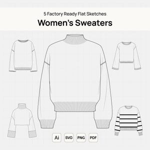 Op de afbeelding: Een digitale illustratie van vijf platte schetsen van dames truien. De schetsen zijn in zwart-wit en tonen verschillende stijlen, waaronder een coltrui, cropped modellen en gestreepte ontwerpen. De afbeelding bevat bestandstype-pictogrammen: Ai, SVG, PNG en PDF.