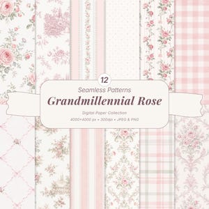 May include: A digital paper collection featuring 12 seamless patterns with pink rose motifs, stripes, gingham, and damask designs. The text reads 12 Seamless Patterns Grandmillennial Rose Digital Paper Collection 4000x4000 px 300dpi JPEG & PNG.