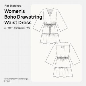 May include: Technical drawing of a Women's Boho Drawstring Waist Dress. The dress features a V-neck, button-down front, drawstring waist, and tiered skirt. The image includes front and back views of the dress design. Text on the image reads "Flat Sketches".