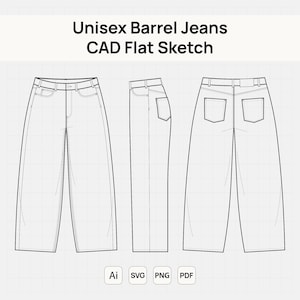 Unisex Barrel Jeans Flat Sketch | Wide Leg Trousers Technical Drawing (Vector Template)