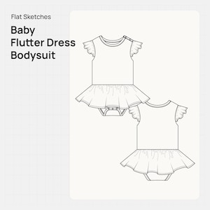 Puede incluir: Boceto plano de un body vestido con volantes para bebé. El diseño presenta un cuello redondo, mangas con volantes y una falda con volantes. El body tiene un cierre de broche en la parte inferior. El texto "Baby Flutter Dress Bodysuit" está en la esquina superior izquierda.