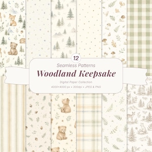May include: A collection of 12 seamless digital patterns titled Woodland Keepsake, featuring watercolor illustrations of bears, foxes, deer, pine trees, mushrooms, and foliage in soft earth tones, stripes, and plaid designs on a cream background.