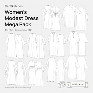 Op de afbeelding: Een verzameling technische tekeningen van bescheiden jurken voor dames. De afbeelding toont verschillende jurkstijlen, met lange mouwen en vloeiende silhouetten. Tekst bevat "Flat Sketches", "Women's Modest Dress Mega Pack" en "10 editable technical drawings."
