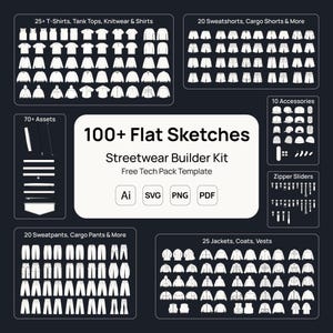 May include: A digital streetwear builder kit with over 100 flat sketches of clothing items, including t-shirts, tank tops, sweatshirts, shorts, pants, jackets, and accessories. The kit includes Ai, SVG, PNG, and PDF file formats.