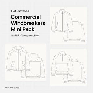Windbreaker Jacket Technical Drawing Pack | 3 Core Styles | Front & Back Flats | Fashion Tech Pack