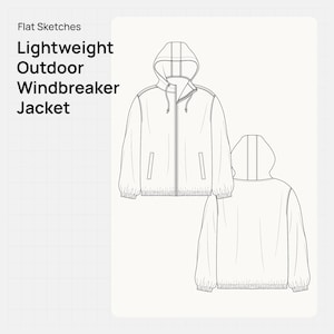 May include: A line drawing of a lightweight outdoor windbreaker jacket. The jacket features a hood, a front zip, and two pockets. The text "Lightweight Outdoor Windbreaker Jacket" is in the upper left corner.