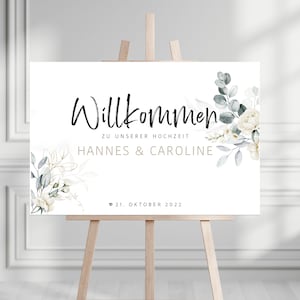 Willkommenschild "Eukalyptus mit Gold" zur Hochzeit , personalisiert mit Namen und Datum