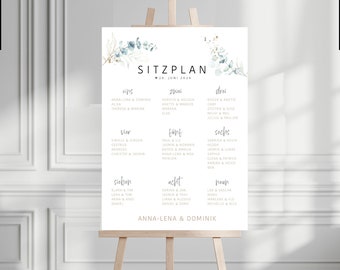 May include: A white seating chart with a watercolor floral design in shades of blue and green. The chart is titled "Sitzplan" and lists the names of guests for a wedding on June 29, 2024. The names are organized into tables with names like "eins", "zwei", "drei", "vier", "fünf", "sechs", "sieben", "acht", and "neun".