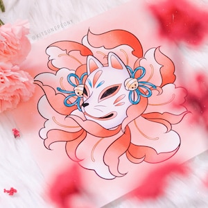 狐 kitsune peony print