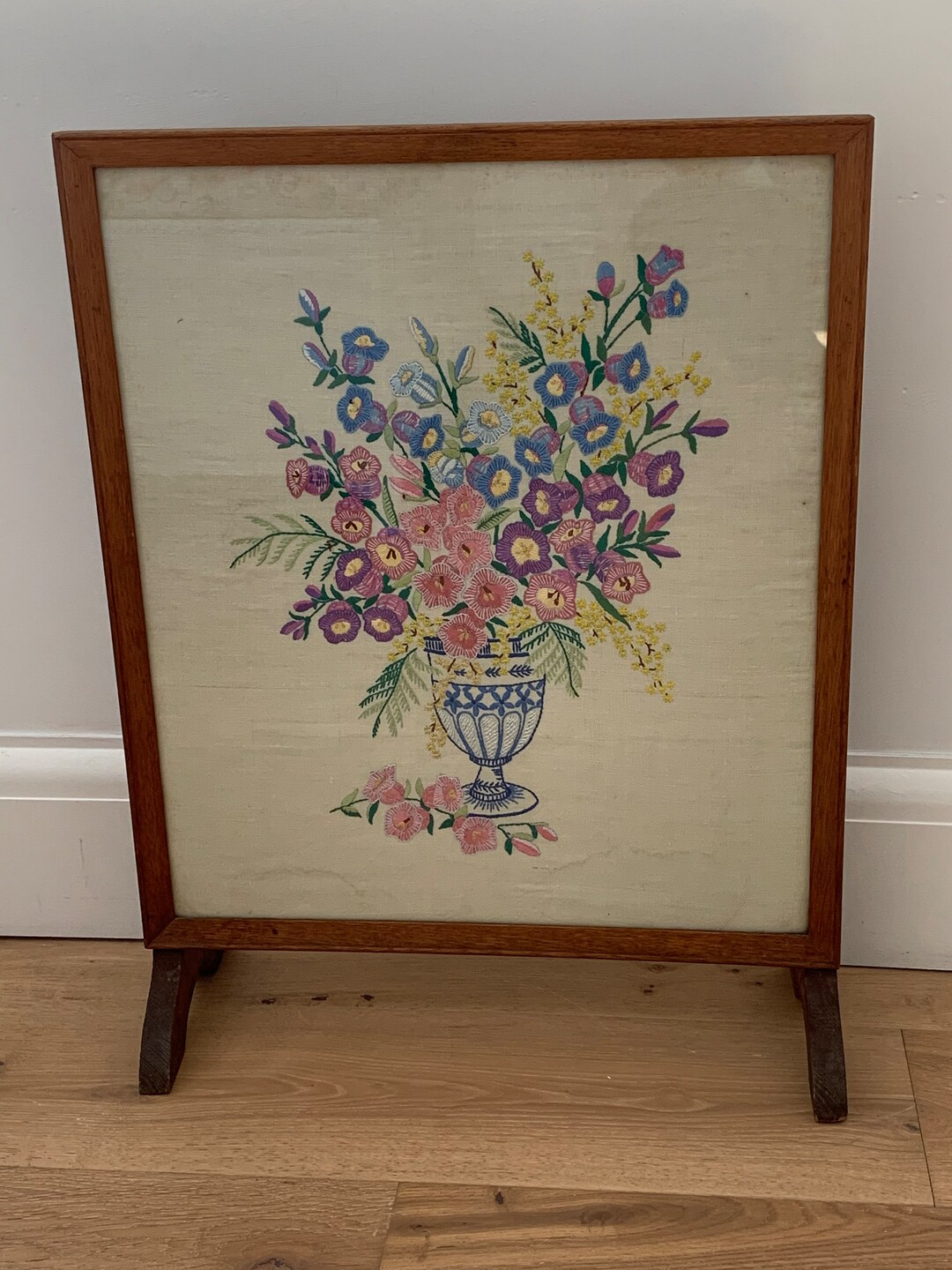 Vintage Wooden Embroidered Fire Screen Guard Cottage Floral Etsy UK