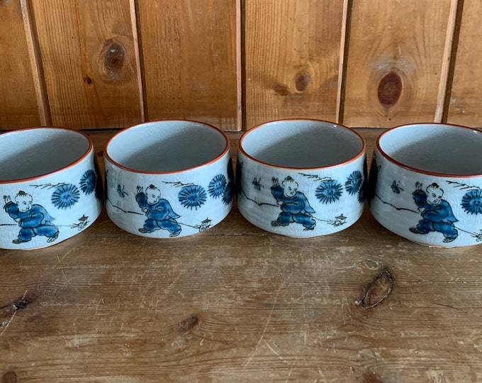 4 Vintage Japanese Tea Sake Cups Hand Painted Oriental