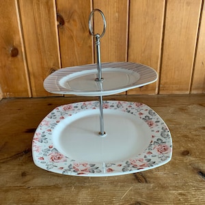 2 Tier Porcelain Cake Stand Plate Display Pink And White Roses Stripes
