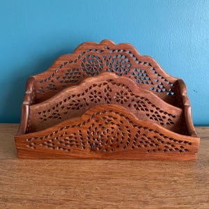 Vintage Indian Pierced Wood Letter Rack Desk Tidy
