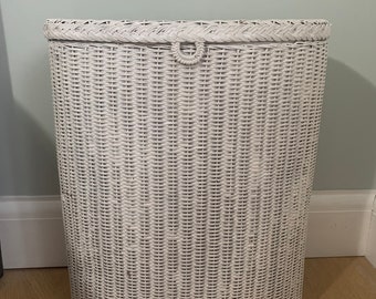 Vintage Lloyd Loom Style White Wicker Laundry Basket Oval Shape 1950s