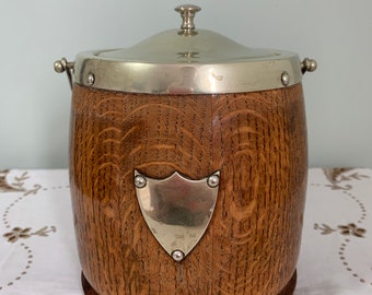 Vintage 1940s Ice Bucket Oak Wood Ceramic Liner EPNS Lid With Handle