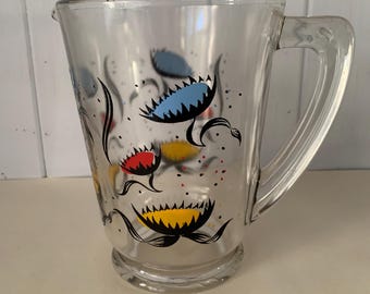 Vintage Glass Jug Pitcher Printed Floral Design 1950s 60s Retro