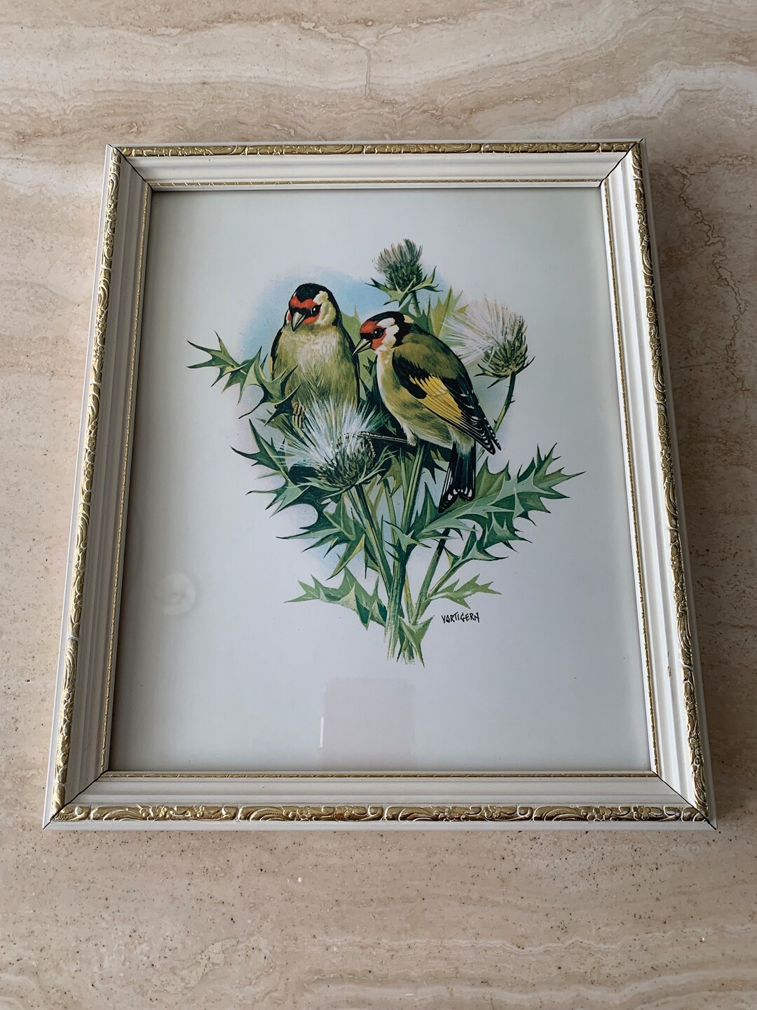 Broderie Crewel Vintage Terminée – Chardonneret Et Pinsons Dorés – État Impeccable