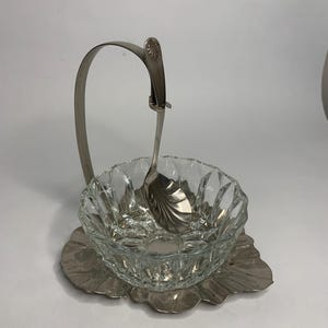 Vintage Cut Glass Sugar Bowl With Metal Leaf Holder Silver Plate Spoon 1930s