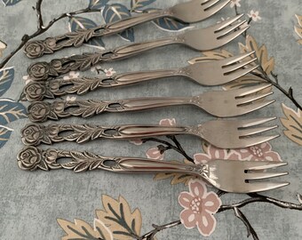 6 Vintage Stainless Steel Pastry Cake Forks Rose Handles Japan 1960s