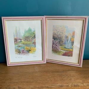 Pair Vintage Watercolour Prints Italian Garden Scenes Signed M.Marten