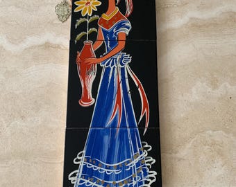 ヴィンテージフランス手描きセラミックタイル：1960年代の額入り花柄