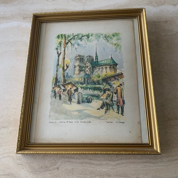 Vintage Framed Paris Notre Dame Watercolour Print Marius Girard 1960s