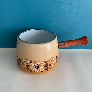 Vintage Enamel Fondue Pot Pan With Wooden Handle France