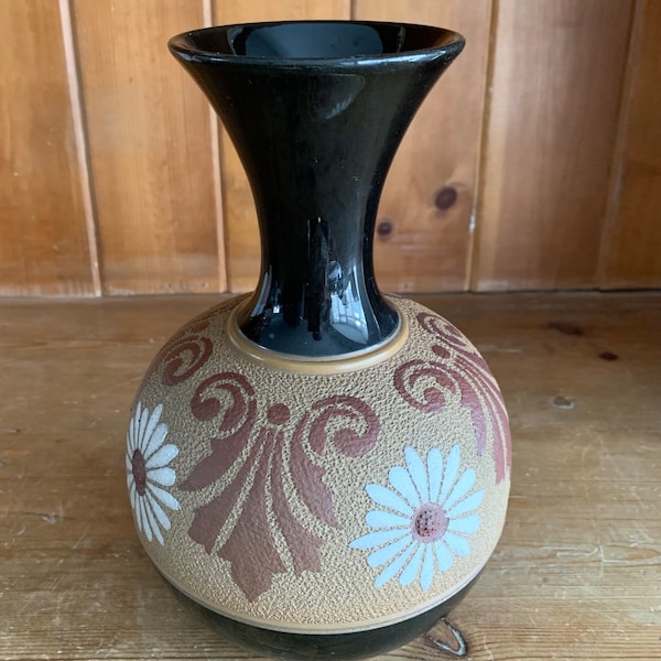 Vintage Mid Century Studio Pottery Black And Brown Floral Vase Retro