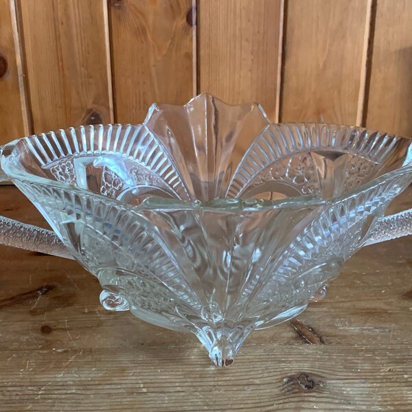 Vintage Art Deco Brockwitz Glass Fruit Bowl With Fish Shaped Handles