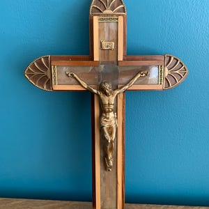Vintage Wooden Last Rites Crucifix With Gold Cast Metal Jesus On Cross Italian