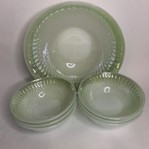 Vintage Federal Glass Greenbrier Moonglass Serving Bowl And 6 Dishes 1950s