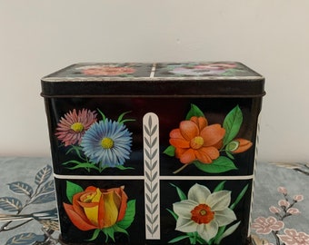 Vintage Mid Century Tea Tin Caddy Black Floral 1950s