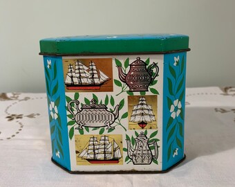 Vintage Tea Tin Caddy Blue Green Floral 60s