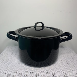 Vintage Enamel Stock Pot With Lid Black Blue Kitchenalia