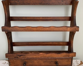 Vintage Hardwood Spice Rack With Drawer Wall Mounted Mid Century