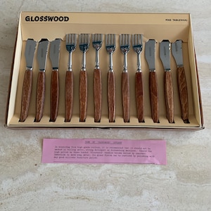 Vintage Glosswood Wooden Handle Fish Knives And Forks Cutlery Set 1960s
