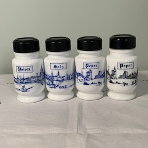 4 Vintage Milk Glass Salt And Pepper Shakers Blue And White Belgium Display Prop
