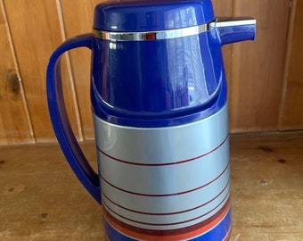 Vintage Vacuum Jug Flask Blue Striped Design 1970s Picnic Camping