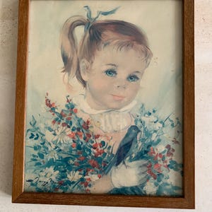 Vintage Framed Big Eyed Girl Portrait Kitsch 1960s French