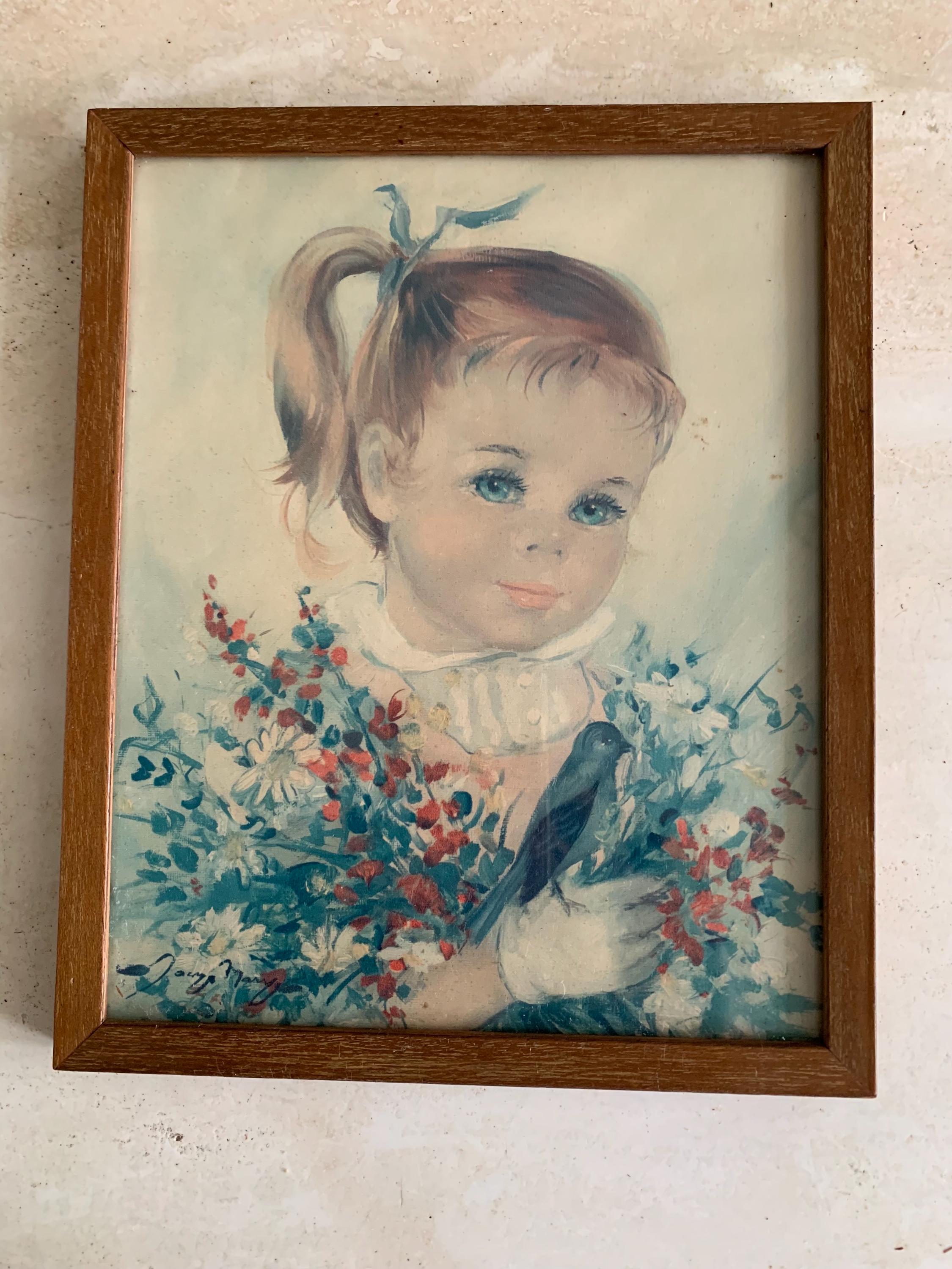 ヴィンテージ額入り大きな目の女の子の肖像画 キッチュ 1960年代