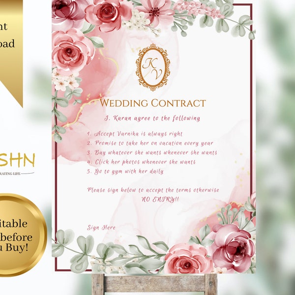 Editable Wedding Contract Sign, Red Personalized Wedding Contract Digital Download, Printable, Bestseller FL4