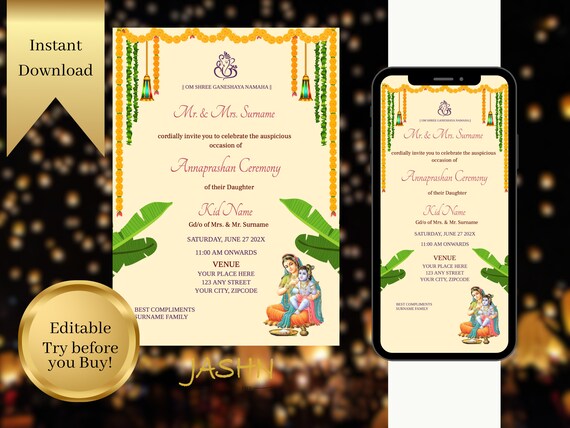 Editable Indian Annaprashan Ceremony Invitations, Rice Feeding Ceremony Invitation for Kids BestSeller - Instant Download