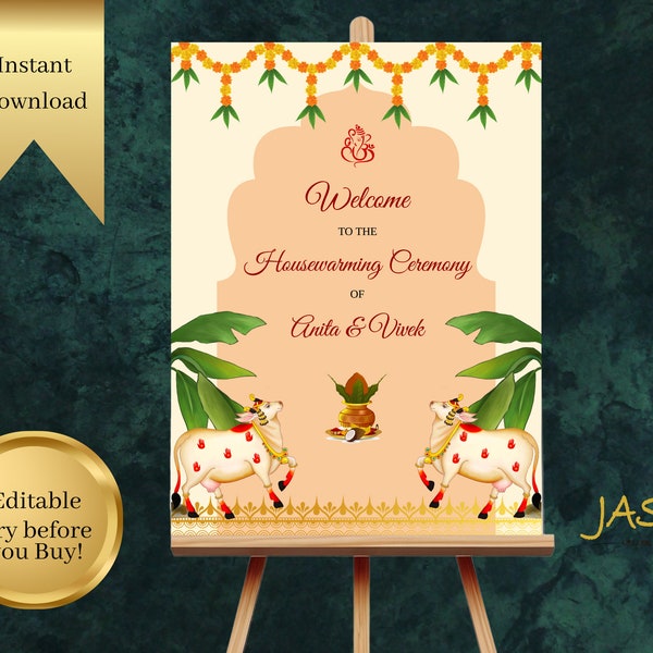 Editable Indian Housewarming Griha Pravesh Ceremony Welcome Sign Digital Download, Printable, Bestseller, HW1
