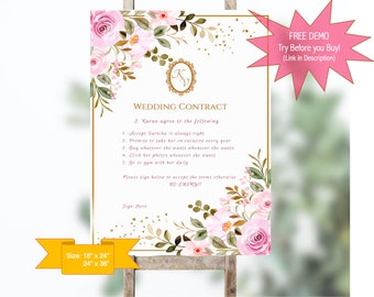Editable Wedding Contract Sign, Personalized Wedding Contract Digital Download, Printable, Bestseller FL1