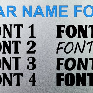 May include: A graphic showing eight different font styles for a bar name. The text "BAR NAME FONT" is in blue at the top of the image. The font styles are labeled "FONT 1" through "FONT 8".