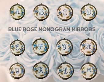 Blue Rose Monogram Hand-Embroidered Pocket Mirror | Compact Mirror | Bridesmaid Gift | Bridal Shower Gift | Birthday Gift