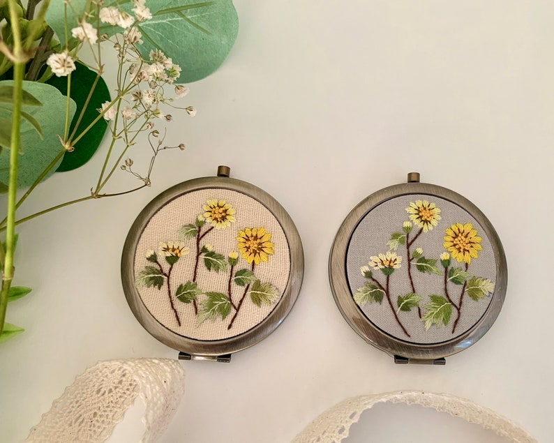 Exquisite Floral Hand-Embroidered Pocket Mirror Compact Mirror Portable Mirror Bridesmaid Gift Bridal Shower Gift Birthday Gift image 2