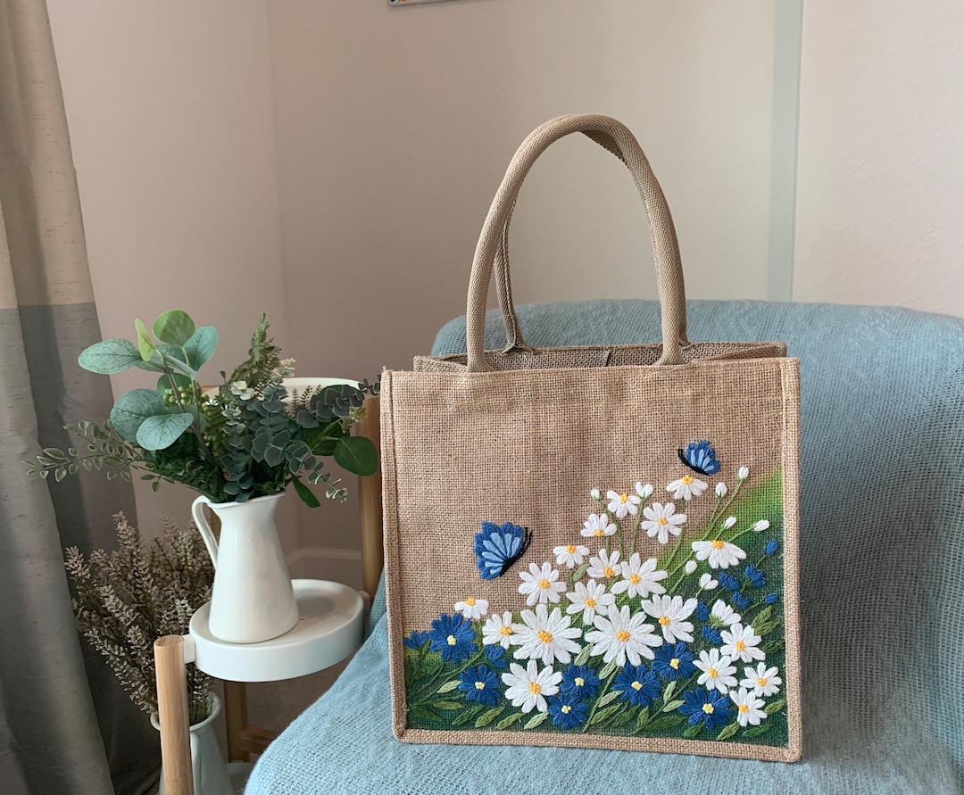 Daisy Garden Hand-embroidery Jute Tote Bag Summer Tote Bag Beach Tote Bag - Etsy
